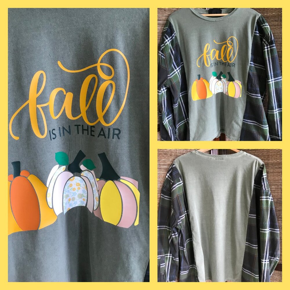 Upcycled Autumn Flannel Shirt Reworked Oversized Pumpkins Graphic Plus Size - Picture 13 of 13